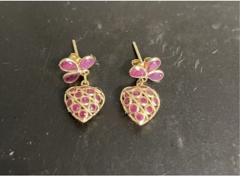 Pr 14 K Gold Drop Earrings . Heart Shaped And Flower Drop With Red Colored Stones .