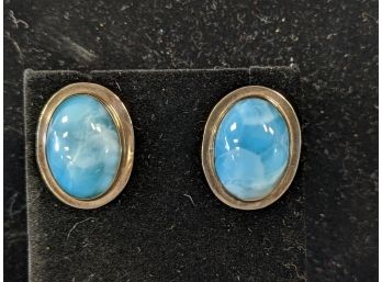 Oval Light Blue Agate (?) Cabochon Pierced Earrings Set In Sterling Silver