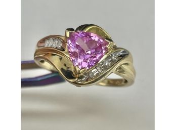 Eye Dazzling 10K Pink Tourmaline Or Sapphire And Diamond Modernist Ring