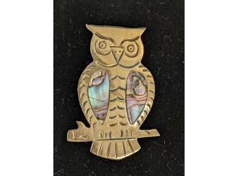 Alpaca Mexico Silver And Abalone Owl Pin / Brooch