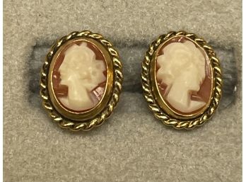 Pair Of Carved Cameo Stud 14K Gold Earrings