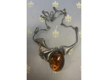Vintage Sterling And Amber Necklace 10 Inches Long