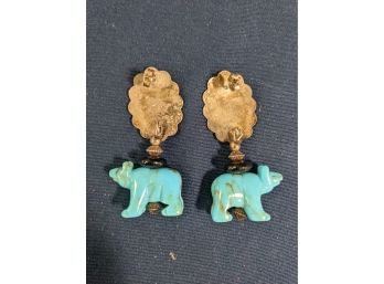 Vintage Carolyn Pollack Signed & Marked 'Sterling' Turquoise Bear Fetish Pierced Earrings