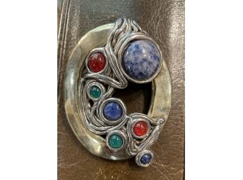 Modern Israeli Sterling Pin Or Brooch Multi Stones 3 Inches Long X 2 1/2 Inches Wide
