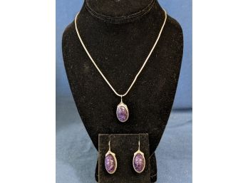 Sterlings Silver Necklace And Pierced Earring Set With Roslyn Charoite Stones