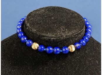 Lapis Lazuli Bead Bracelet With Two Gold Beads & 14k Gold Clasp
