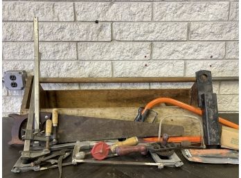 A Great Assortment Of Tools With A Wooden Vintage Tool Box