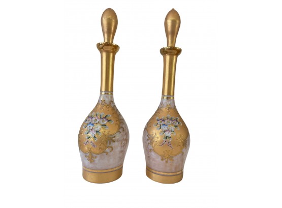 Pair Of Vintage Decorated German Cased Glass Decanters / Vanity Bottles
