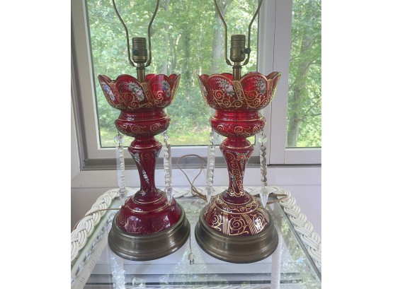 Pair Of Antique Hand Painted Bohemian Ruby Red Lamps