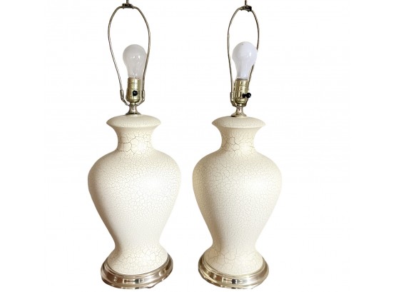 A Pair Of Vintage Off White Crackle Lamps