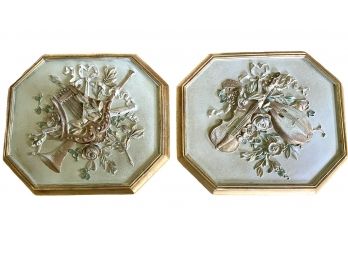 A Mid Century Musical Motif Pair Of Molded Plaster Hand Painted Plaques