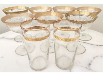 Nine Vintage Gold Rimmed Bar Glasses