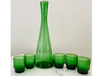 MCM Green Glass Decanter With Five Glasses