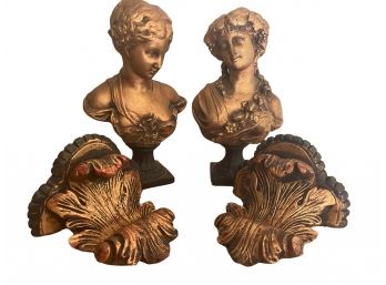 Pair Of Antique Golden Patinated Busts With Wall Mount Sconces