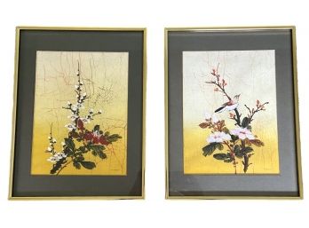 Two Vintage Pencil Signed P. Chan Asian Silk Screened Framed Wall Hangings