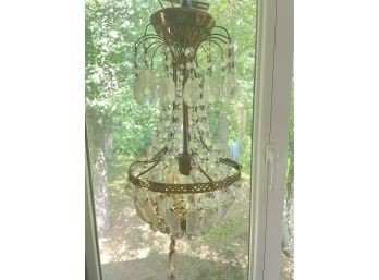 Small Vintage Hanging Chandelier Fixture With Crystal Prisms