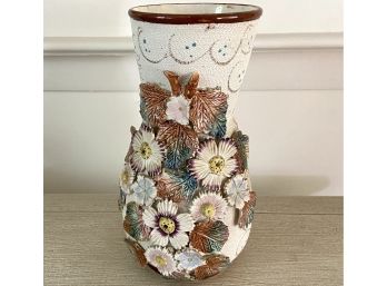 Vintage European Ceramic Vase Bisque Glazed With Applied Flowers 10'