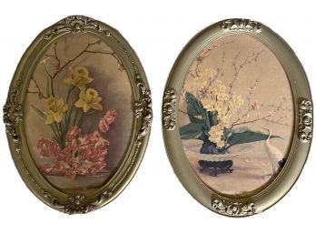 Two Vintage Oval Floral Framed Prints
