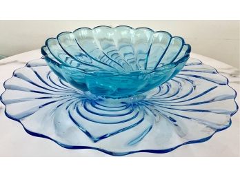 Vintage Blue Glass Bowl And Platter