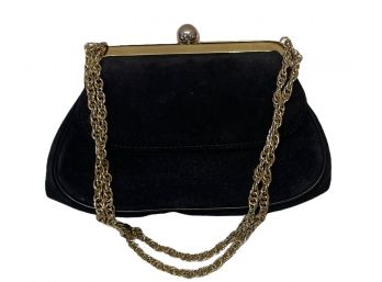 Black Suede Handbag On Gold Chain
