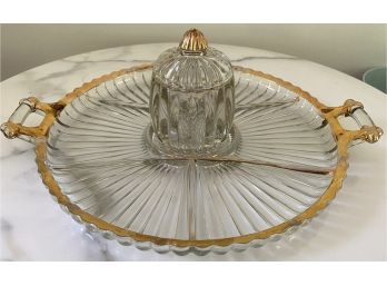 Large Gold Trimmed Glass Platter With Covered Jar