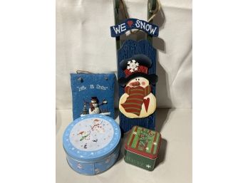Blue Snowman Christmas Lot 2 Tins 2 Snowmen Decorations