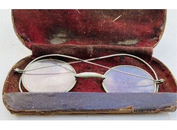 Old Glasses With Wire Ear Pieces In Metal Case