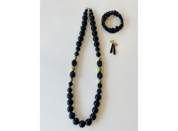 Necklace With Black Beads Gold Accents One Pair Of Earrings And A Necklace All In Black Costume