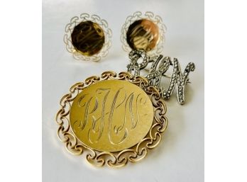 Monogrammed Pieces 2 Brooches And A Set Of Earrings