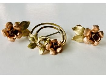 Marching Rose Brooch With Earrings Clip Ons