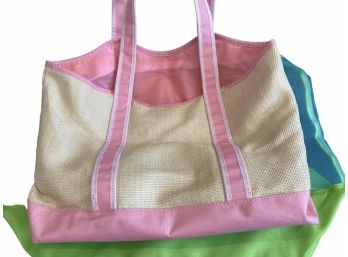 Pink Trimmed Canvas Style Bag And Green And Yellow Beach Bag Lightly Used