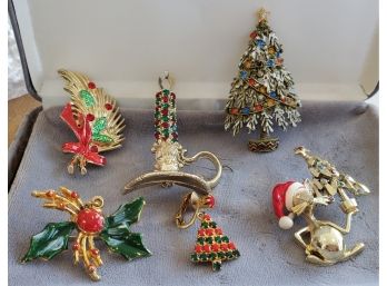 Vintage Group Of 6 Christmas Pins One Marked 'ART'