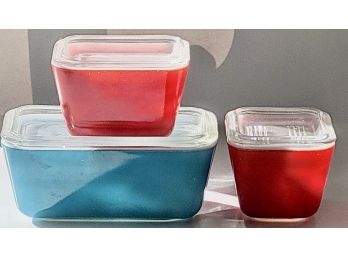 Pyrex Red And Blue Glass Covered Refrigerator Containers