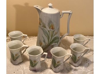 A Vintage Set Of Hand Decorated Ceramic Coffee Pot Wit Six Cups - Made In Germany