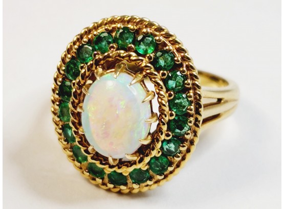 14k Yellow Gold OPAL And Emerald Ring ---a Knock Out Ring