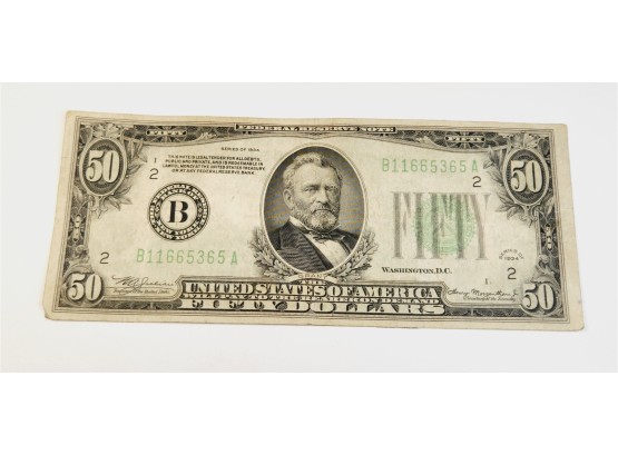 1934 $50 Dollar Bill Interesting Serial #11665365 (88 Years Old)