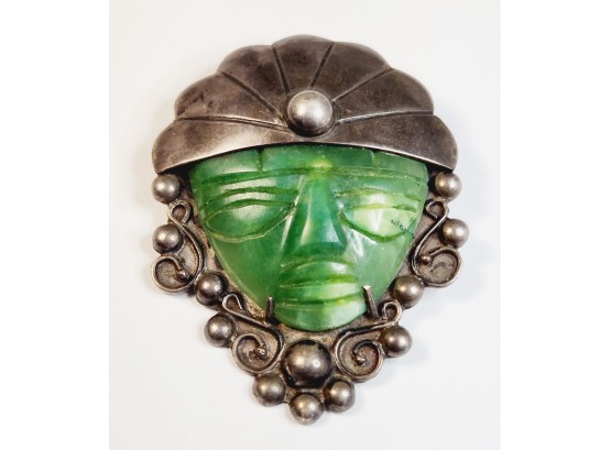 Amazing Vintage Sterling Silver Mexico Carved Green Jade Mayan Face Mask Pin/ Brooch