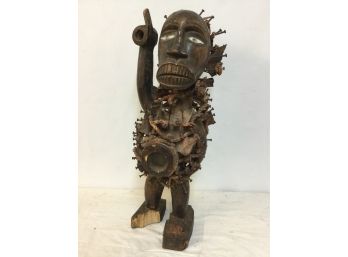 African Nail Fetish Statue, Carved Wood With Rope, Metal.