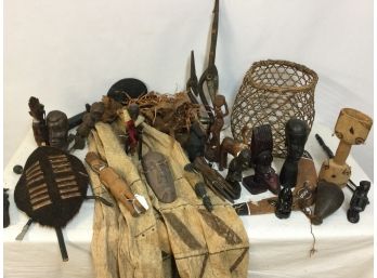 Large Lot African Tribal Carvings, Statues, Shields, Carved Wood, Stone
