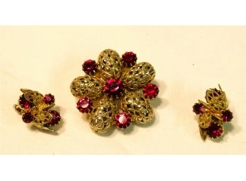 Ruby Gold Filigree Earrings Brooch Costume Jewelry