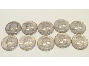 10 Washington Silver Quarters Coins