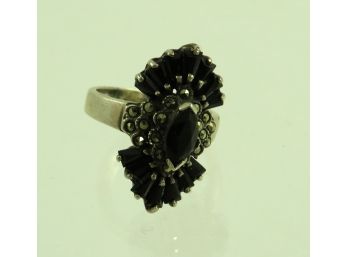 Sterling Silver Onyx Marcasite Womens Ring