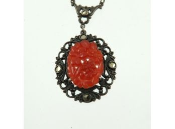 Sterling Silver Marcasite Necklace With Carved Carnelian