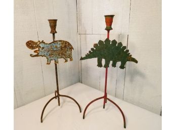 Hippo And Dinosaur Distressed Metal Candleholders