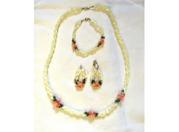 Freshwater Rice Seed Pearl Coral Necklace Earrings Bracelet Set