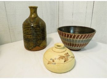 3 Piece MCM Signed Pottery Vases And Germany Bowl