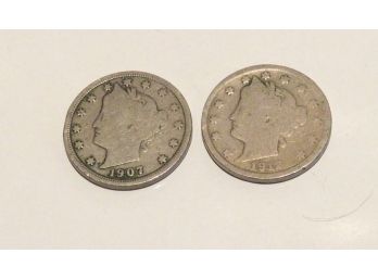 2 Liberty V Five Cent Coins 1907 1912