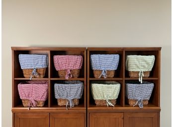 Eight Pottery Barn Baskets With Covers