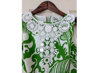 Milly's Green & White Summer Dress With Beaded Neck Line