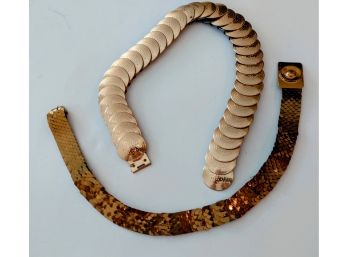 Two Vintage Gold Elastic Snake Like Metal Belts - Both Small